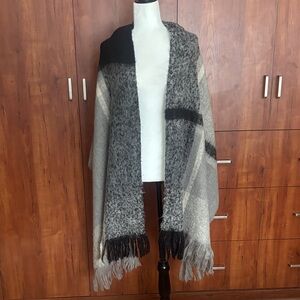 Large, cozy Knit Plaid Fringed Shawl / Scarf